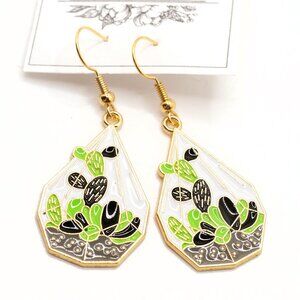 Handmade Earrings Goldtone Enamel Cactus Plant Terrarium, New